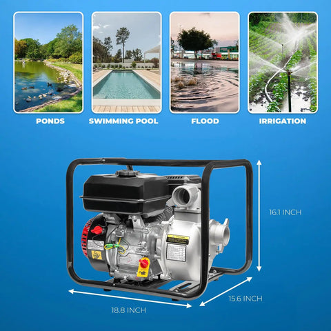 Beast Of A Gas Powered Trash Pump 2 Inch, 158 GPM, 7.5 HP 212cc 4-Cycle Engine with dimensions and usage examples for pools, floods.