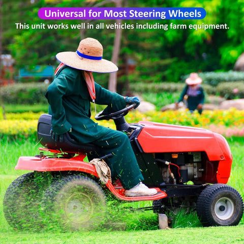 Lawn tractor operator driving a red riding mower across a grassy field.