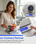 Woman using Kitchen Scale 3000G 0.1G Digital Food Scale with LCD Tare Function for weighing fruit in home kitchen.