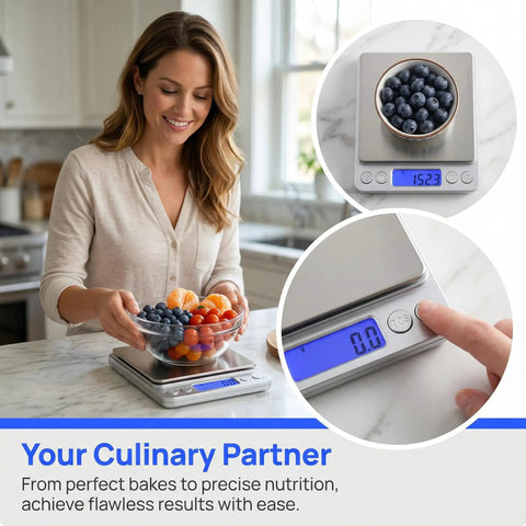Woman using Kitchen Scale 3000G 0.1G Digital Food Scale with LCD Tare Function for weighing fruit in home kitchen.