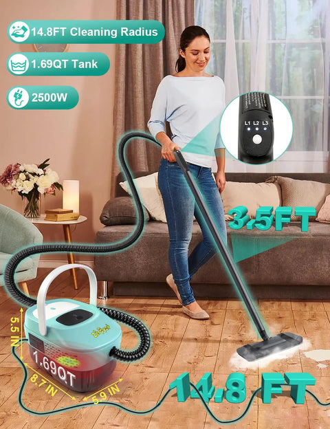 Mint Green 19 In 1 Detachable Steam Mop With Handheld Unit And Huge 54 Oz Tank For Quick Deep Cleaning On Wood Tile And Carpet That Really Kicks Gunk To The Curb Every Time in use on wooden floor.