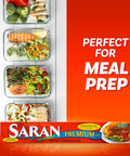 Meal prep dishes covered with Ridiculously Handy Clear Plastic Wrap For Kitchen Storage, Extra Long Roll With Easy Dispense