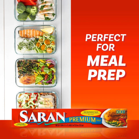 Meal prep dishes covered with Ridiculously Handy Clear Plastic Wrap For Kitchen Storage, Extra Long Roll With Easy Dispense
