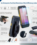 RS36 Android 12 Touch Mobile Computer With 2D Imager Barcode Scanner And UPC Reader NFC HF RFID And Easy UHF RFID Add On WiFi 6 And Bluetooth 5 1 GPS Hot Swap Battery For Warehouse Scanning Pro Grade shown with features.