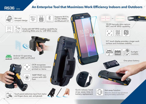 RS36 Android 12 Touch Mobile Computer With 2D Imager Barcode Scanner And UPC Reader NFC HF RFID And Easy UHF RFID Add On WiFi 6 And Bluetooth 5 1 GPS Hot Swap Battery For Warehouse Scanning Pro Grade shown with features.
