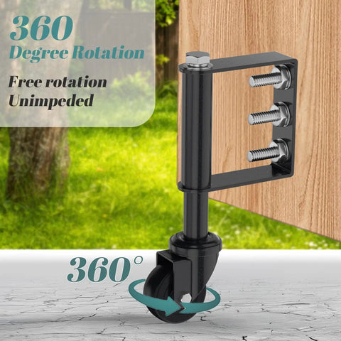 Mounted 2 Pack 2 Inch Gate Caster Wheels For Wooden Gates, 100-200 Pound Capacity, showing 360° rotation, spring loaded design