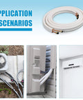 Go To 33 Foot Insulated Copper Aluminum Line Set For Ductless Mini Split Air Conditioning And Heat Pump Systems, 1/4 Inch And 3/8 Inch Fittings, Universal Size, Compatible With Most 9000 Btu Units displayed with application scenarios for installation.