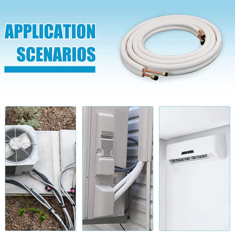 Go To 33 Foot Insulated Copper Aluminum Line Set For Ductless Mini Split Air Conditioning And Heat Pump Systems, 1/4 Inch And 3/8 Inch Fittings, Universal Size, Compatible With Most 9000 Btu Units displayed with application scenarios for installation.