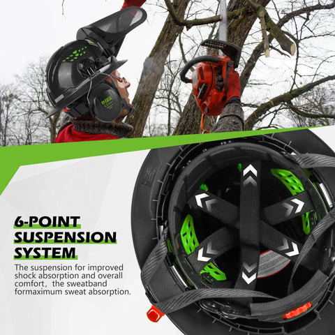 Heavy Duty Chainsaw Helmet With Face Shield Built In Visor And Ear Muffs 4 In 1 System being worn during tree cutting