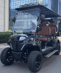 Hella Comfy 6 Seater Electric Golf Cart With Roof LED Light Bar showcasing sleek design and diamond stitched leather seats.