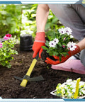 Gardener using 4 Piece 15 Inch Mattock Hoe Set With Manganese Steel Mini Pickaxe And Lightweight Plastic Handle for planting flowers.