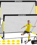 Two Pack Easy Fold Portable Pop Up Soccer Goals 6x4 And 7x5 Ft Backyard Training Set with ball, pump, cones, and stakes.