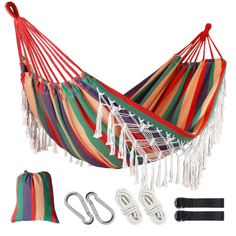 Brazilian Style Double Hammock With Fringe For Two People Outdoor Patio Or Indoors Cozy Breathable Fabric Easy Setup With Straps And Carry Bag Supports Up To 360 Lbs
