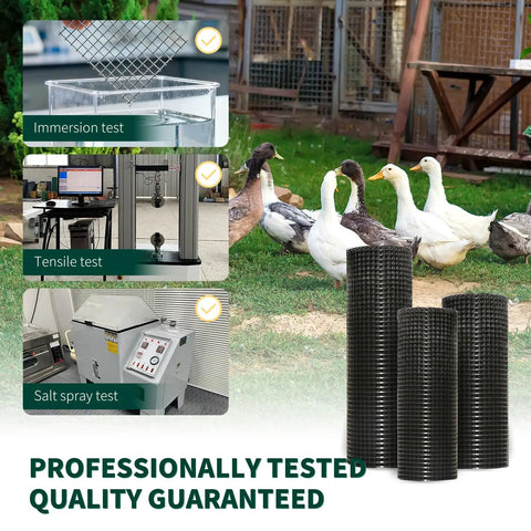 Tough As Nails Half Inch Openings 19 Gauge Black Vinyl Coated Hardware Cloth 16 X 25 Ft Roll with ducks in yard.