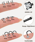9 Piece Titanium Black Nose Studs Set with L Shaped Straight and Corkscrew Designs for Sensitive Skin Includes 20G Surgical Grade G23 Titanium Nostril Rings Featuring Sparkling Diamond CZ, shown on finger with sizes marked.