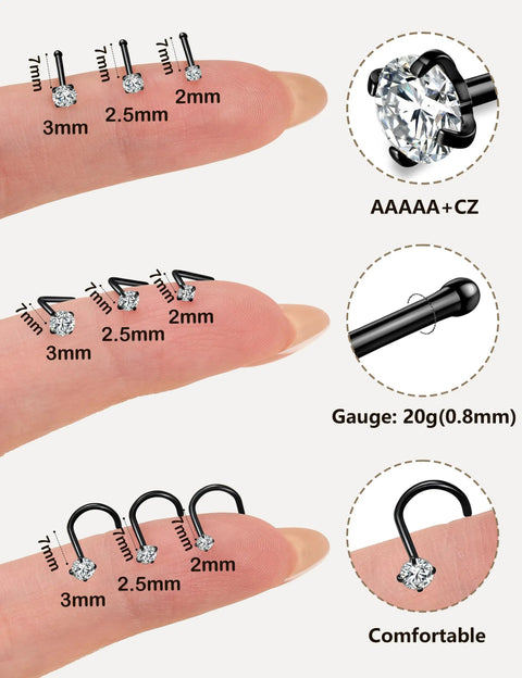 9 Piece Titanium Black Nose Studs Set with L Shaped Straight and Corkscrew Designs for Sensitive Skin Includes 20G Surgical Grade G23 Titanium Nostril Rings Featuring Sparkling Diamond CZ, shown on finger with sizes marked.