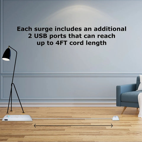 Living room scene with Eight Outlet Surge Protector Power Strip With 25 Foot Flat Plug 4200 Joules Separated USB Ports on floor.