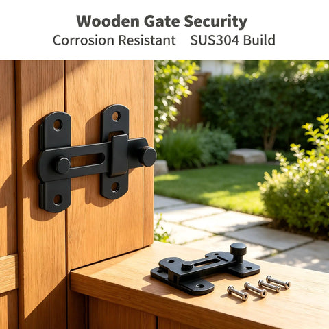 Badass 2 Pack 4 Inch Matte Black Gate Latches Forged From Premium SUS304 Stainless Steel Heavy Duty Rust Proof Farm Gear For Barns And Fences Built Tough With Zero Hassle Anti Theft Caliper Security mounted on a wooden gate.