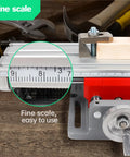 XY Axis Slide Vise AB8303 close-up of fine scale with clamp and crank handle, highlighting precision measurements and adjustments.