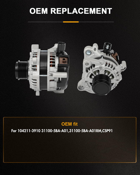 Front and side view of Drop-In Replacement Alternator For Honda Civic 2.0L 2016-2022, OE-Grade Quality, OE Numbers 104211-3910 And 31100-5BA-A01RM, No-Fuss Install, Reliable Charging Power, Plug-And-Play Fit For Your Car's Electrical System, Built To Last.