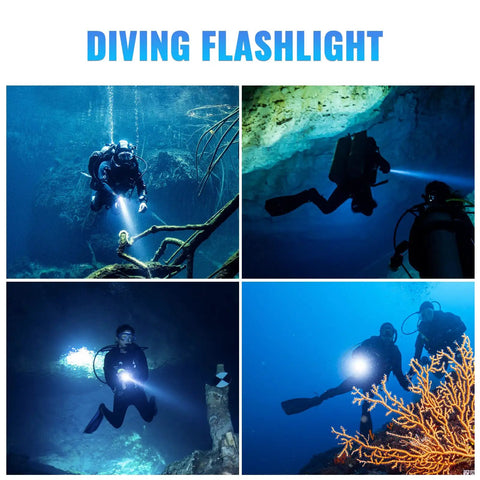 Scuba divers using Ultra Bright 3000 Lumen Scuba Dive Light With Magnetic Ring Switch in underwater caves and reefs