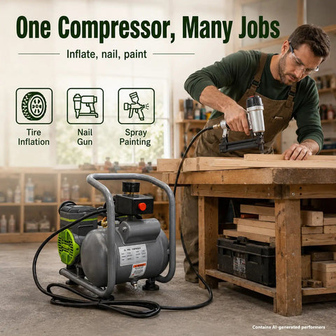 This Bad Boy Portable Electric Air Compressor Is A Total Game Changer For Your Shop Or Garage. With 1.5 Horsepower And 110 Volt Power Plug, This Unit Delivers Serious Pounds Per Square Inch Pressure Without The Noise Pollution. The Two Gallon Steel Tank