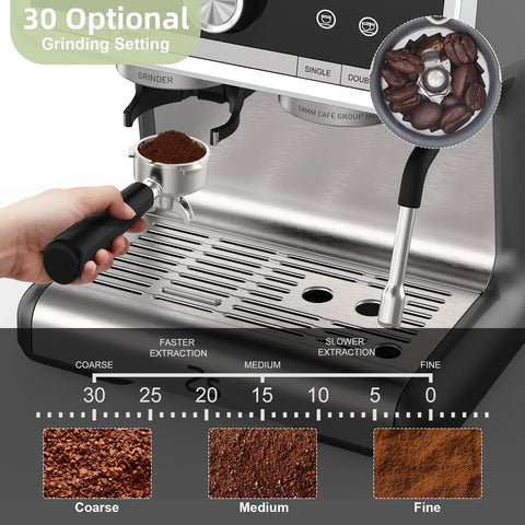 Pro 20 Bar Espresso Machine With Built In Conical Burr Grinder And Steam Wand For Pulling Smooth Shots And Crafting Rich Lattes Solid Home Barista Gear With Gray Silver Finish, showing grinding settings and ground coffee.