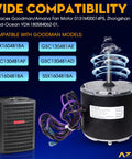 Condenser Fan Motor Replacement 1/4 HP 208-230V 1Ph with wiring, Goodman model compatibility list, and HVAC unit.