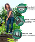 Woman using Heavy Duty Bow Rake For Leaves And Lawn Care, 48 Inch Handle With Back Saving Grip, 14 Metal Tines, in garden