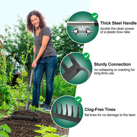 Woman using Heavy Duty Bow Rake For Leaves And Lawn Care, 48 Inch Handle With Back Saving Grip, 14 Metal Tines, in garden