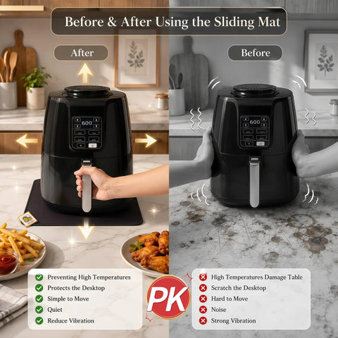 Comparison of air fryer on countertop showing benefit of Sliding Mat For Air Fryer AF141 AF101 FN101 With Smooth Glide Anti Slip Base