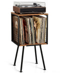 Rustic Record Player Stand Holding 100 Vinyl Records, Industrial Turntable Console With Deep Storage Shelving, side view with turntable and albums.