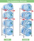 4 Tier Water Jug Rack Stand For 5 Gallon Jugs, Detachable Dispenser Holder For Home Kitchen Office, Heavy Duty Steel With Silver Finish, two installation methods displayed