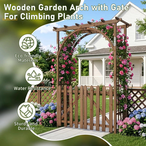7.1Ft Wooden Garden Arbor With Gate And Picket Fences Lattice Sides Weather Resistant Arch Trellis For Climbing Plants Outdoor Yard And Wedding Decor No Fuss Entrance Way Accent Piece For Pathways And Backdrops showcasing climbing plants
