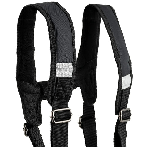 Close-up of black adjustable suspenders from One Size Fits All Carpenter And Framer Construction Rig With Suspenders And Two Bag Tool Belt
