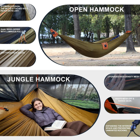 Ultralight Camping Hammock With Integrated Mosquito Net And Tree Straps Quick Setup Backpacking Hammock in forest setting