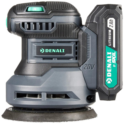 20V Cordless Random Orbital Sander Kit With 2.0Ah Battery And 2.4A Charger For Quick Full Charges And Smooth Wood Finishes Cross Compatible With PWRCORE 20 Tools Batteries And Chargers For DIY Projects, showing side view of blue sander with battery attached.