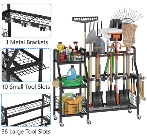 Heavy Duty Garden Tool Organizer On Wheels With Six Wheels Three Lockable And Two Baskets Large Metal Garage Tool Storage