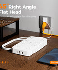 Heavy Duty Power Strip Surge Protector With 6 Ft Flat Plug Extension Cord Eight Widely Spaced Outlets And Quick Charge USB C A Ports on a wooden desk.
