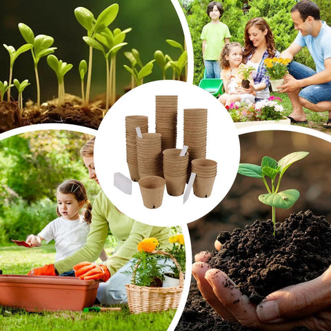 Seedling Pots 45 Pack With Labels For Easy Germination And Root Care amidst family gardening activities outdoors.