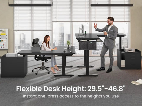 L Shaped Electric Standing Desk With File Cabinet And Drawers, 63 By 53 Inch Height Adjustable Computer Desk for home office