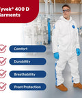 Man wearing Protective Coveralls With Zipper Front And Elastic Cuffs In White And Blue Large Pack Of 25 For On The Job Safety