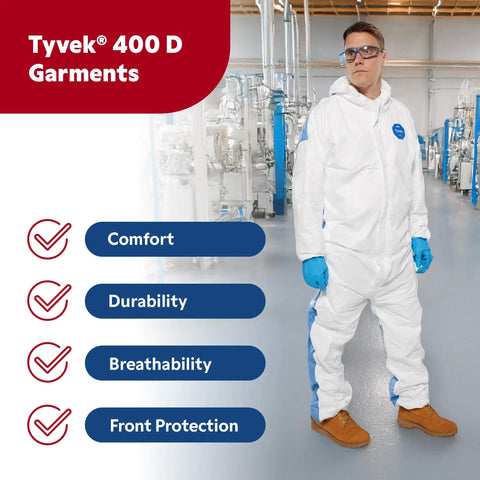 Man wearing Protective Coveralls With Zipper Front And Elastic Cuffs In White And Blue Large Pack Of 25 For On The Job Safety
