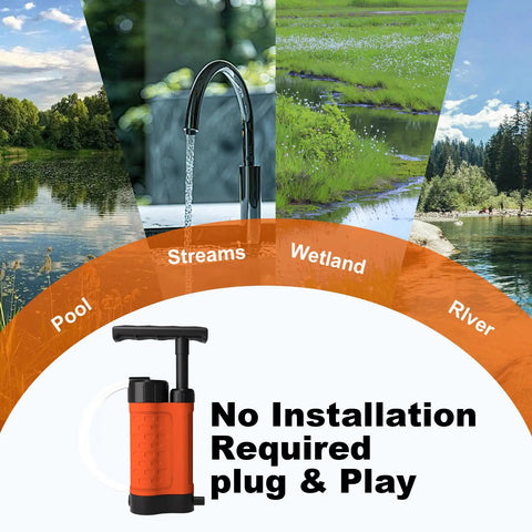 Portable Water Filter Pump For Camping And Hiking 0.01 Micron Manual Survival Filter with environments like streams and rivers