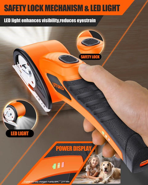 Cordless Cardboard Cutter With 800 RPM Brushless Motor Built Like A Beast showing safety lock and LED light features