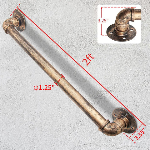 Straight Up Two Foot Wall Handrail For Indoor Staircases And Lofts Featuring 1.25 Inch Galvanized Steel Pipe With Slick Matte Black Powder Coat And Brushed Brass Vintage Vibes, showing dimensions and details.