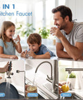 GIMILI 3 in 1 Commercial Kitchen Faucet with Water Filter System, Brushed Nickel finish, family using drinking faucet.