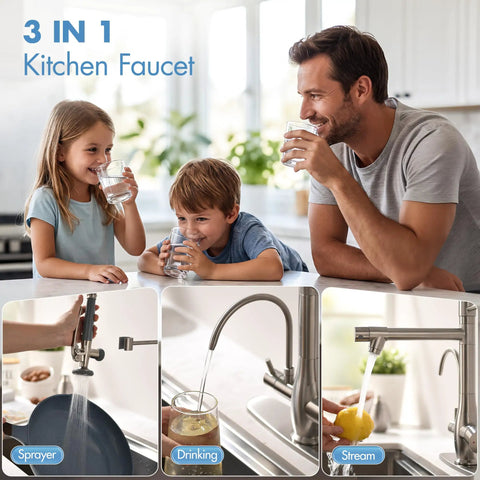 GIMILI 3 in 1 Commercial Kitchen Faucet with Water Filter System, Brushed Nickel finish, family using drinking faucet.