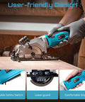 Side view of Seesii mini circular saw with laser guide; blue corded power tool.