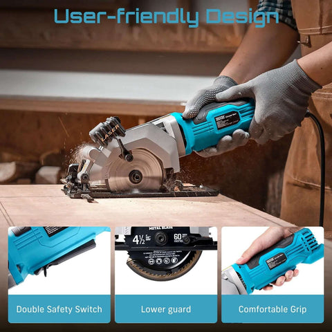 Side view of Seesii mini circular saw with laser guide; blue corded power tool.